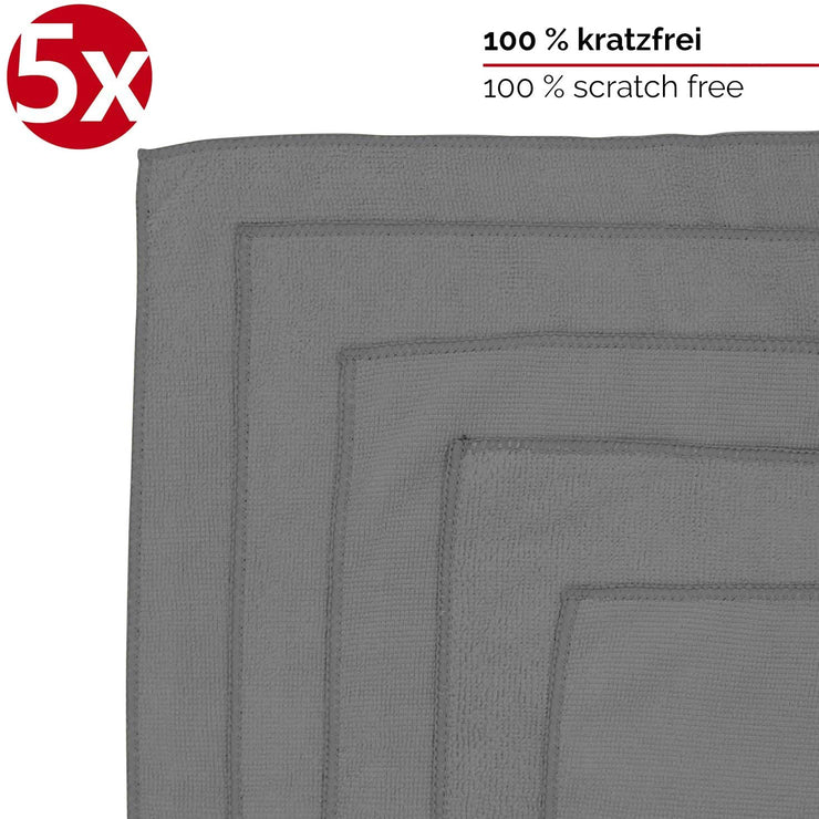 PRETEX Microfibre Cloth Pack of 5 with 300 GSM, grey, ultra-fine, easy on the paint, highly-absorbent, cleaning cloth, polishing rag, car cleaning, microfibre cloths