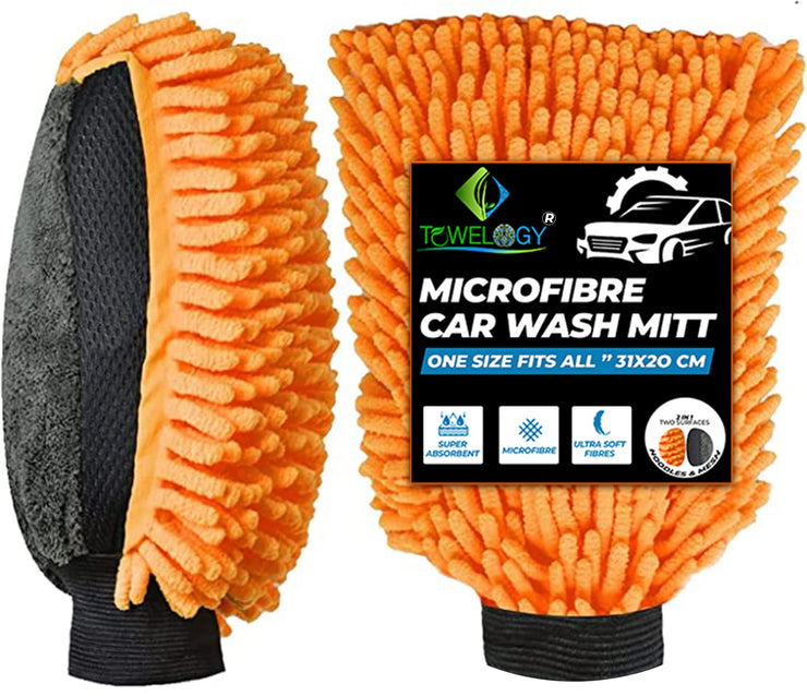 Towelogy® X069 Premium Microfibre Car Wash Mitt Scratch Free Noodle Chenille Large Size DUAL Sided Mitt & Sponge 31x20cm (Orange, 1)