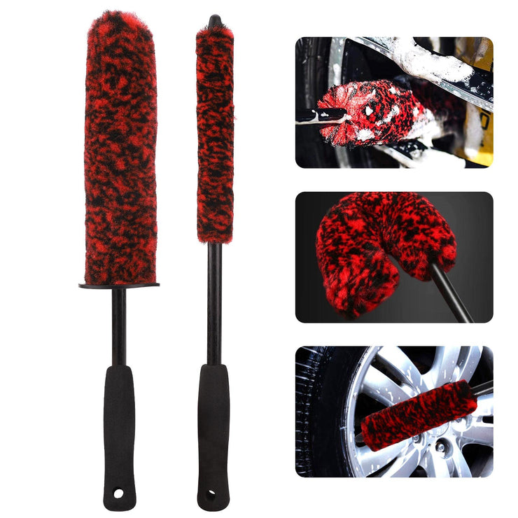 TSLBW 2 Pcs Car Wheel Brushes and Rim Cleaning Brush Long Handle Vehicle Kit Microfiber Hub Different Size Detailing Set Bendable Tire Brush, Black and Red