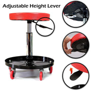 Adjustable Pneumatic Rolling Mechanic Stool with Removable Tool Tray, 5 Universal Casters, and Swivel Padded Chair for Garage, Workshop, and Auto Repair Shop, Red