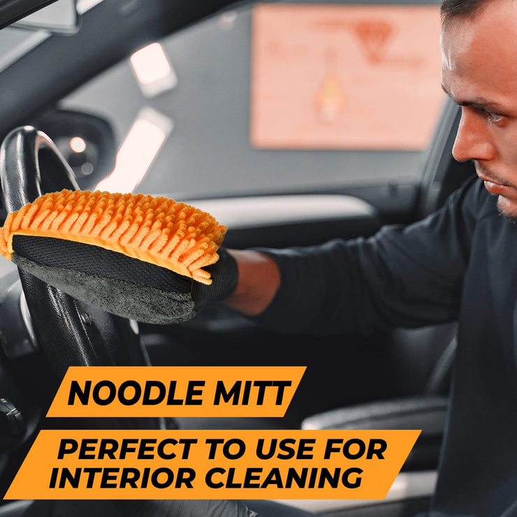 Towelogy® X069 Premium Microfibre Car Wash Mitt Scratch Free Noodle Chenille Large Size DUAL Sided Mitt & Sponge 31x20cm (Orange, 1)