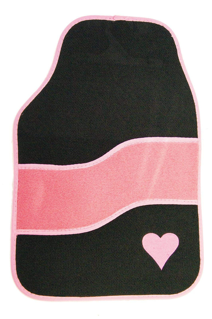 Set of 4 Anti Slip Black Pink Heart Velour Car Mat Set - Front and Rears