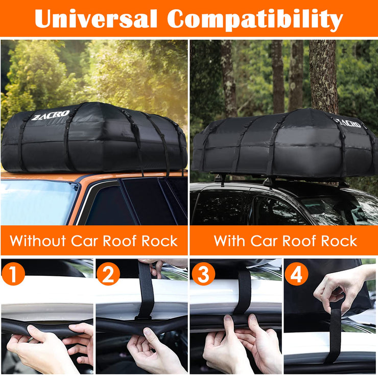 Zacro Car Roof Bag Waterproof - 15 Cubic Feet (425 L) Car Roof Box - Straps for Any Car with/without Roof Rack/Rails/Bars - Foldable Car Top Carrier with 10 Reinforced Straps and 6 Door Hooks