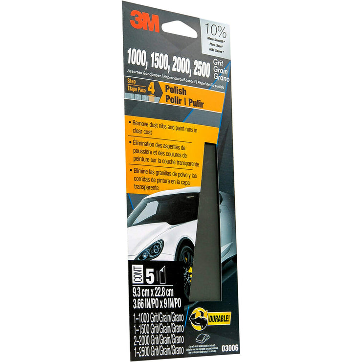 3M Auto Wet Or Dry Sandpaper 3 2/3 in x 9 in, 1000, 1500, 2000, 2500 Assorted Grit Pack, 5 Sheets