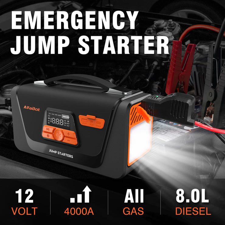 Car Jump Starter with Air Compressor, 4000A Peak 150PSI Portable Battery Starter 12V 26800mAh Car Battery Booster Pack (8.0L Diesel/All Gas), 4 in 1 Jump Starter/Air Compressor/Power Bank/LED Light