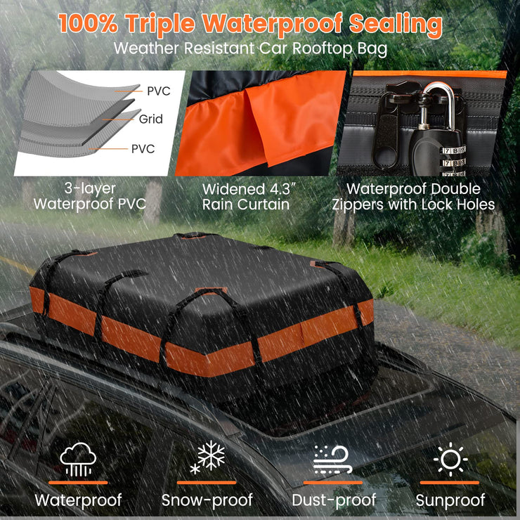 COSTWAY 15/21 Cubic Feet Car Roof Bag, 100% Waterproof Roofing Cargo Carrier with Anti-Slip Mat, Combination Lock & Straps, Rooftop Luggage Storage Box (15 Cubic Ft/424L, Black+Orange)