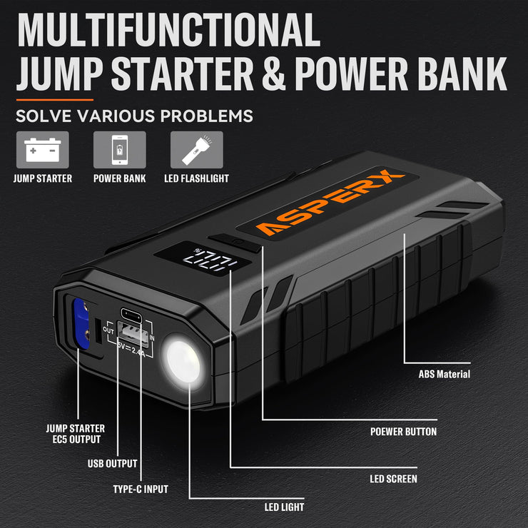 ASPERX Jump Starter Power Pack(Up to 7L Gas/5.5L Diesel),1500A Car Battery Booster Jump Starter with Jump Leads,LED Flashlight &1.4 INCH LCD Display,Jump Pack for 12V Vehicles Pickup SUV Motorcycle