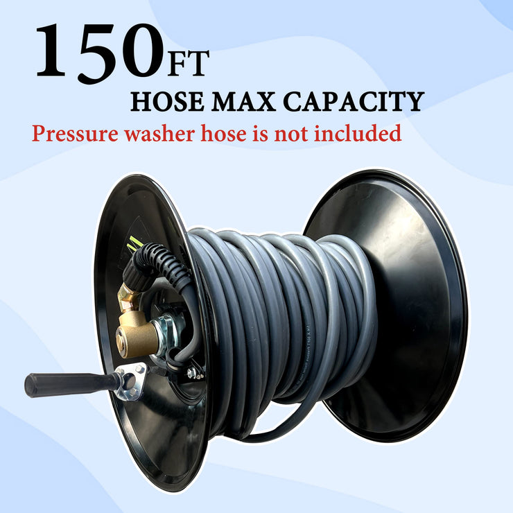 M MINGLE High Pressure Washer Hose Reel 150ft, Heavy Duty Steel Hose Reel, Manual Crank Power Washer Hose Reel with 3/8" Pressure Wash Hose, Swivel Arm and Mounting Bracket, 4000 PSI