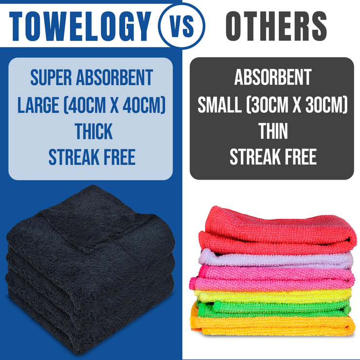 Towelogy® 3x Super Absorbent Black Microfibre Cloths Large All Purpose Cleaning Towels For Kitchen, Car & Household 40x40cm