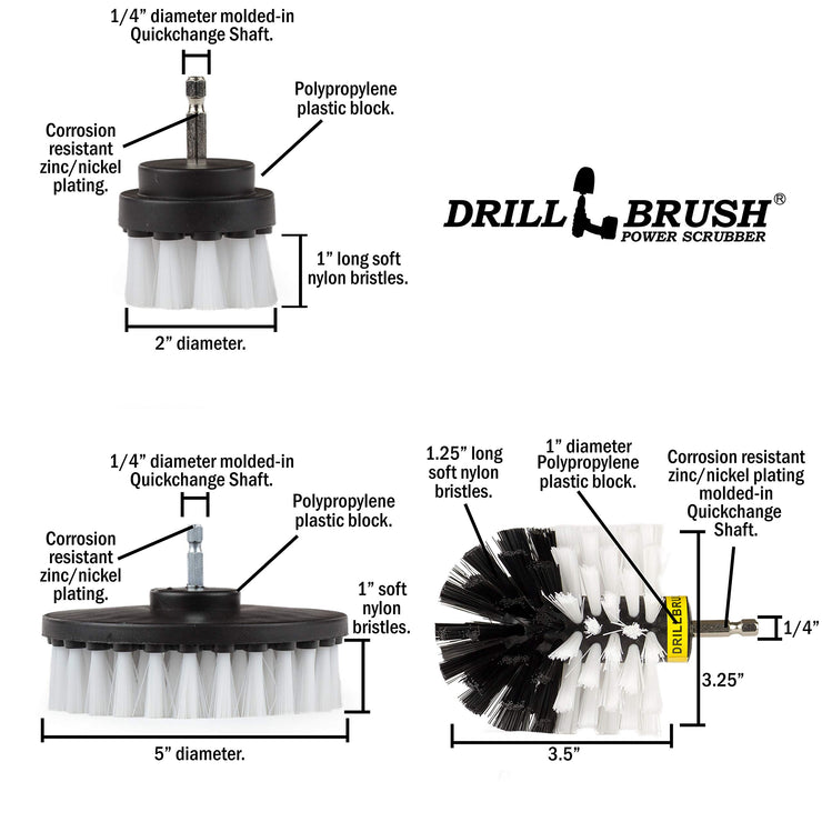 Car - Cleaning Supplies - Drill Brush - Soft Bristle Detailing Scrub Brush Kit - Kayak - Boat - Car Wash - Tires, Wheels and Rims - Interiors - Seat, Carpet, Upholstery, Vinyl, Fabric, Leather Cleaner