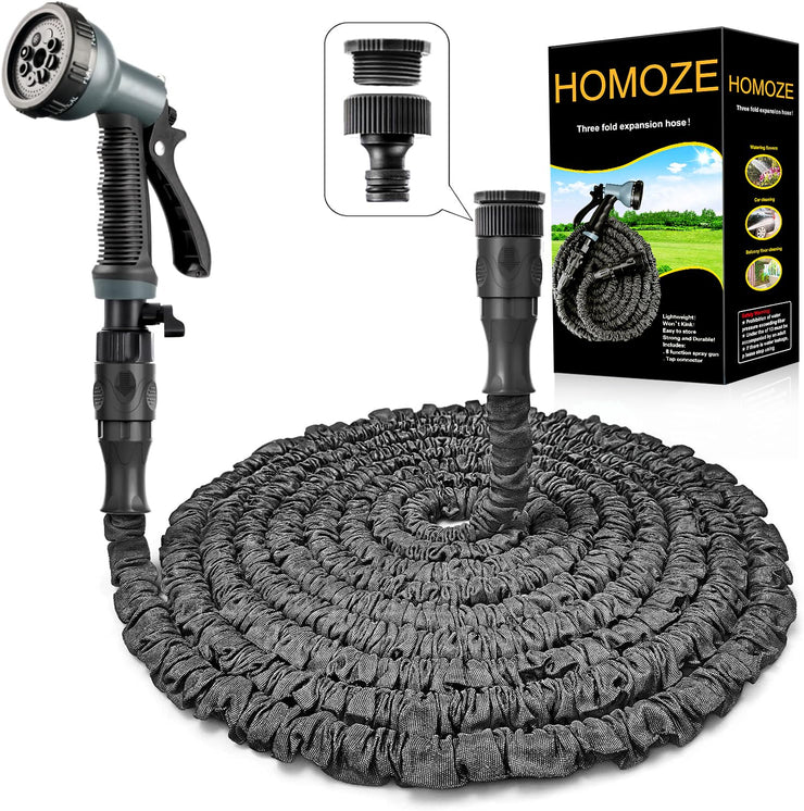 Garden Hose Pipe Expandable Garden Hose with 3/4", 1/2" Fittings, Anti-Leakage - Flexible Expanding Hose with 8 Function Spray Nozzle by Homoze (50FT, Black) (50FT, Black)