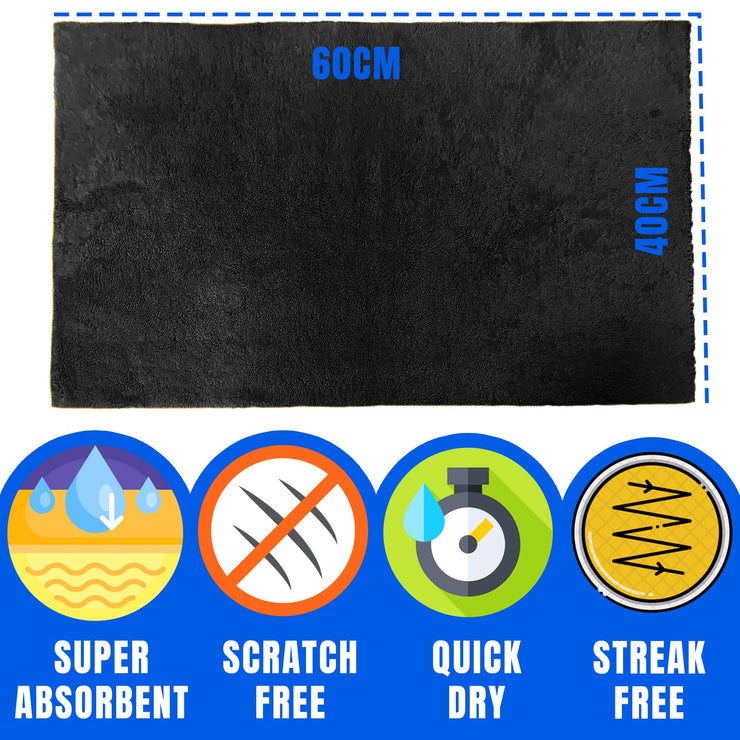 Towelogy® XL Car Cleaning Cloths Microfibre Streak Free Edgeless Auto Drying Towel & Finishing Cloth 40x60cm / 1 Pack (Black)