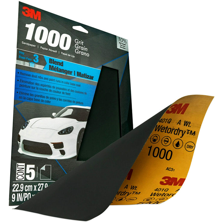 3M Wetordry™ Sandpaper, 1000 Grit, 9 in x 11 in, 5 Sheets, Use for Wet and Dry Sanding, Longer Lasting Sandpaper, Great for Auto Body Repair, Smooth Finish, Waterproof Backing for Wet Sanding (32021)