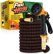 Flexi Hose Upgraded Expandable Garden Hose Pipe Including 8 Function Spray Gun Nozzle - Extra Strength with 2 cm Solid Brass Fittings - No-Kink Flexible Garden Hoses (Orange/Black 15 Metres)