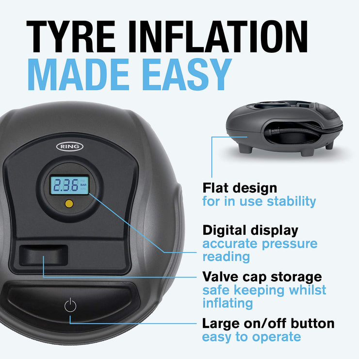 Ring Automotive Ring RTC300 12V Compact Digital, Air Compressor, Pump 3.5 min Tyre Inflation, Valve Adaptors