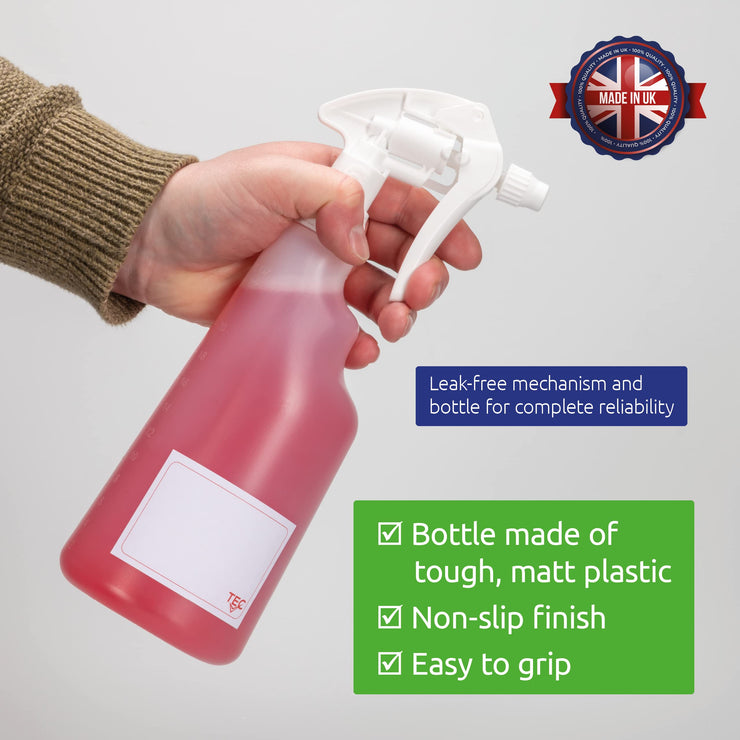 TEC Spray bottles 600ml UK Made for professional cleaning empty detailing plastic squirty sprayer clear refillable recyclable HPDE products Red trigger 28/400mm Water (2)