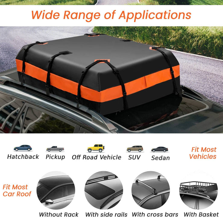 GiantexUK 15/21 Cubic Feet Car Roof Bag, Waterproof Cargo Top Carrier with Non-Slip Mat, Combination Lock, 6 Door Hooks & Straps, Rooftop Luggage Storage Box for Car Suv (Black+Orange, 424L)