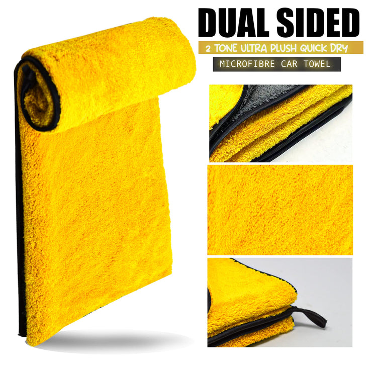 XL Microfibre Towels for Cars Drying YELLOW/GREY 90cmx60cm Extra Large Size Absorbent Fast Dry Auto Motorcycles Exterior Cleaning Towels 800gsm (Pack of 1)