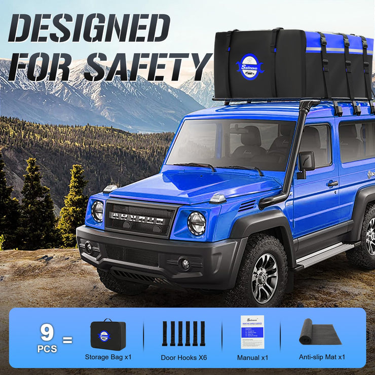 Sailnovo Roof Box Bag 20 Cubic Waterproof Soft-Shell Car Roof Box with Anti-Slip Mat, 6 Door Hooks & PVC Roof Bag Luggage Storage for Top of Vehicle with/without Roof Bars/Rack/Rail(Blue)