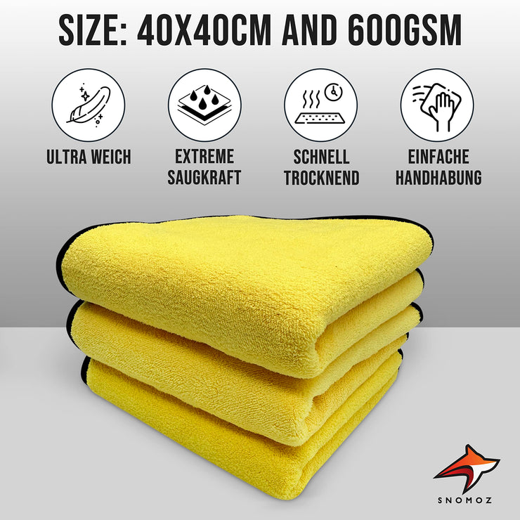 SNOMOZ® 5 x Extra Absorbent Microfibre Cloth Drying Cloth for Car and Motorcycle, 40 x 40 cm, Value Pack, 600 gsm Suction Power and Ultra Soft