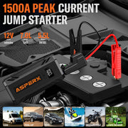 ASPERX Jump Starter Power Pack(Up to 7L Gas/5.5L Diesel),1500A Car Battery Booster Jump Starter with Jump Leads,LED Flashlight &1.4 INCH LCD Display,Jump Pack for 12V Vehicles Pickup SUV Motorcycle