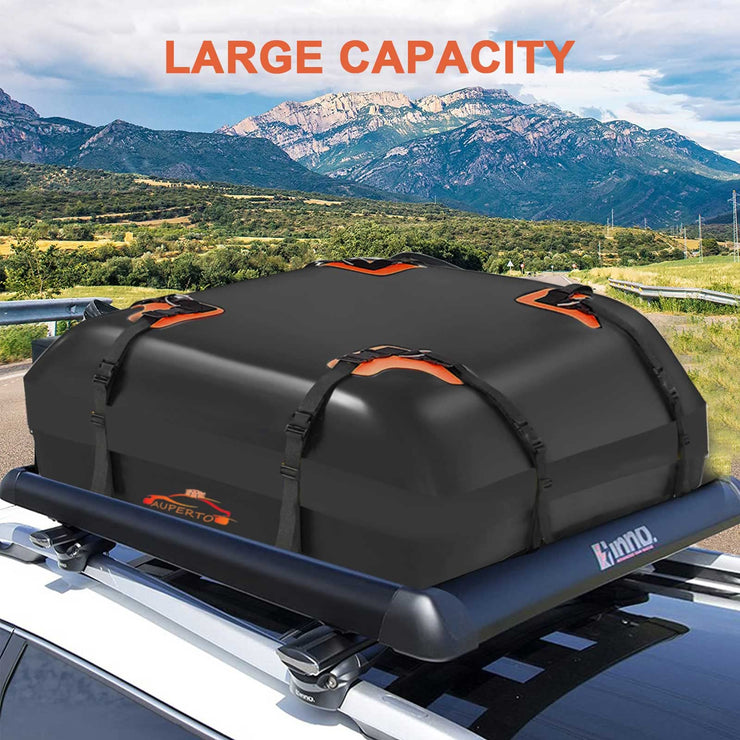 Car Roof Bag, PVC 15 Cubic Feet Waterproof Cargo Carrier Luggage Box with Anti-Slip Mat + Lock + 6 Door Hooks, Suitable for All Vehicles with/without Luggage Rack