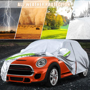 Waterproof Car Cover Compatible with Mini Cooper 3 Doors 2000-2024, All Weather Outdoor Indoor Car Full Cover for Rain Sun Dust Protection with Zipper Door and Windproof Strap for All Seasons (Silver)