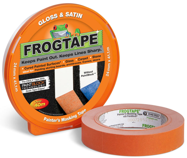 Frog Tape Orange Gloss & Satin Painters Masking Tape 24mm x 41.1m, Indoor Painting and Decorating For Sharp Lines and No Paint Bleed