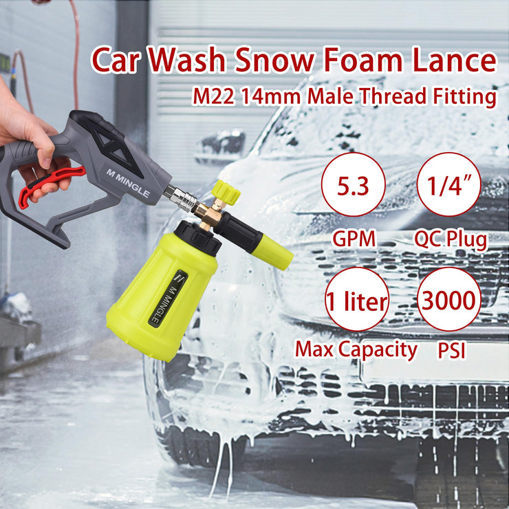 M MINGLE High Pressure Washer Gun Snow Foam Lance, 4000 PSI Cannon Foam Blaster Power Washer with 1/4" Quick Connector, Car Wash Foam Cannon Kit with 5 Pressure Washer Nozzle Tips, 1 Liter