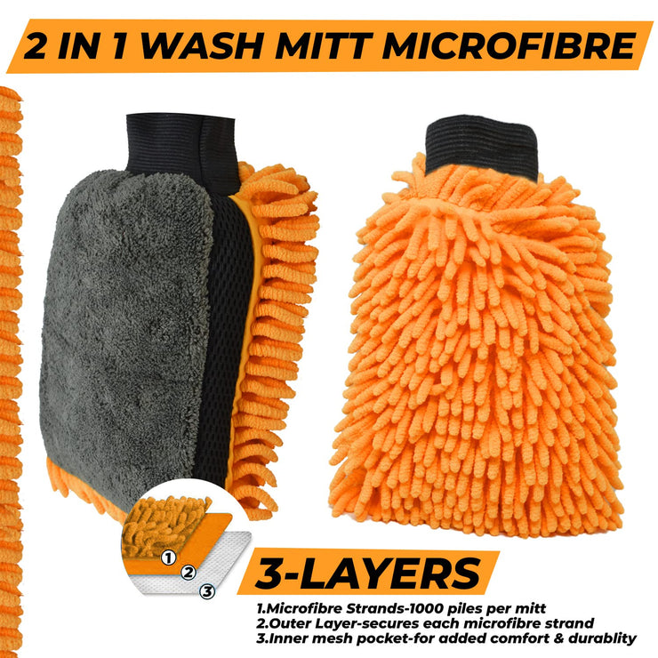 Towelogy® X069 Premium Microfibre Car Wash Mitt Scratch Free Noodle Chenille Large Size DUAL Sided Mitt & Sponge 31x20cm (Orange, 1)