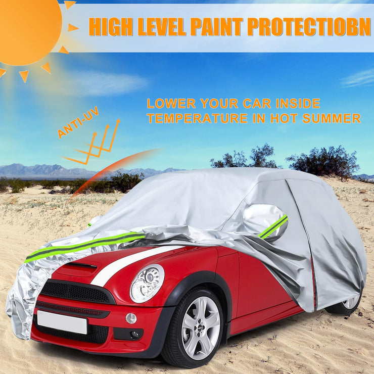 Waterproof Car Cover Compatible with Mini Cooper 3 Doors 2000-2024, All Weather Outdoor Indoor Car Full Cover for Rain Sun Dust Protection with Zipper Door and Windproof Strap for All Seasons (Silver)