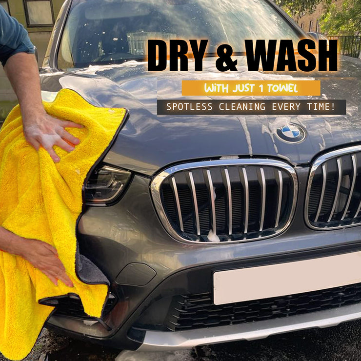 XL Microfibre Towels for Cars Drying YELLOW/GREY 90cmx60cm Extra Large Size Absorbent Fast Dry Auto Motorcycles Exterior Cleaning Towels 800gsm (Pack of 1)