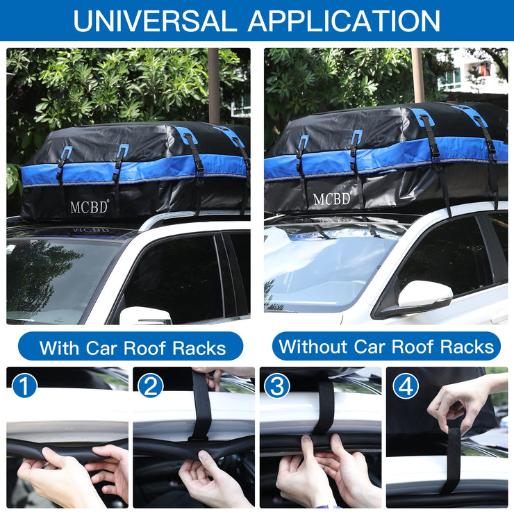 Car Roof Bag, 21 Cubic Feet Large Soft-Shell Waterproof Travel Cargo Carrier Luggage Box for All Vehicles SUV with/Without Racks, Includes 10 Reinforced Straps + 6 Door Hooks, Blue