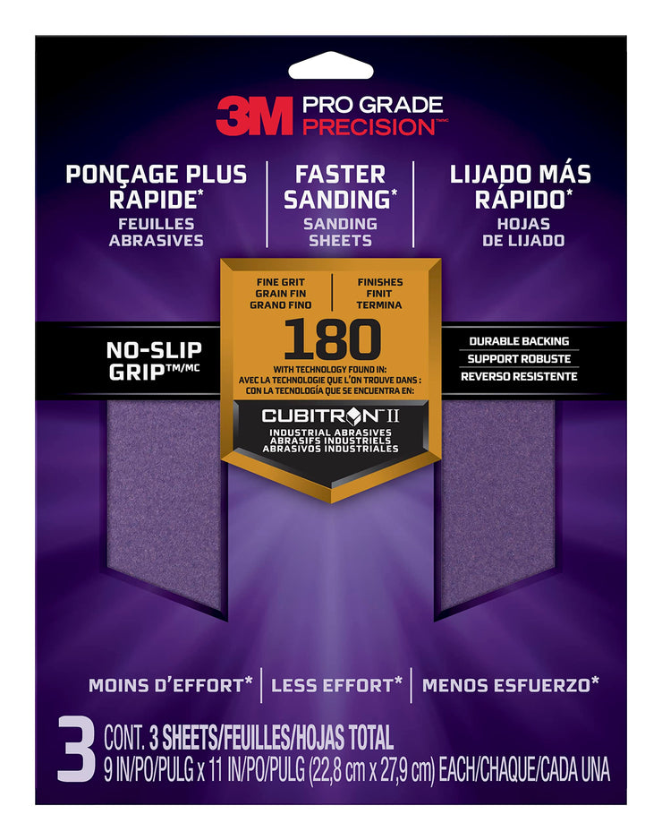 3M Pro Grade Precision Faster Sanding Sanding Sheets 180 grit Fine, 26180TRI-3, 22,8 cm x 27,9 cm, 3/Pack