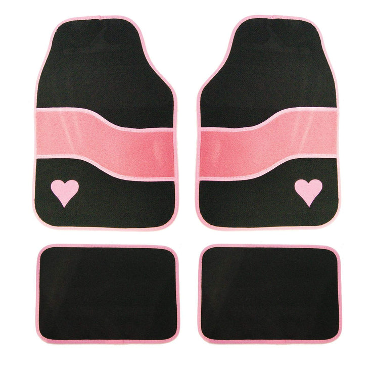 Set of 4 Anti Slip Black Pink Heart Velour Car Mat Set - Front and Rears