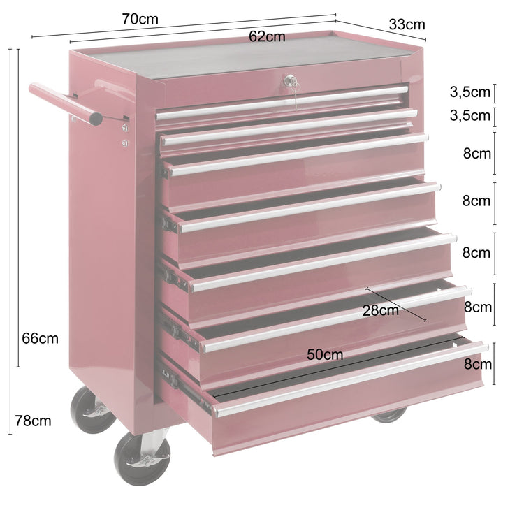 Arebos Tool Cabinet Workshop trolley 7 compartments | centrally lockable | incl. anti-slip mats | drawers with ball bearings | 2 castors with parking brake (red)