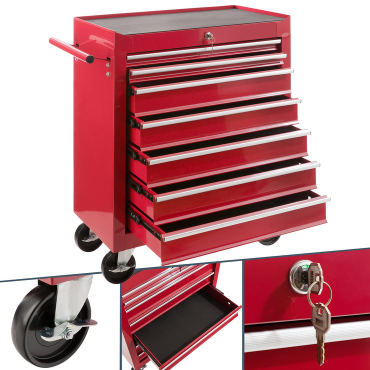 Arebos Tool Cabinet Workshop trolley 7 compartments | centrally lockable | incl. anti-slip mats | drawers with ball bearings | 2 castors with parking brake (red)