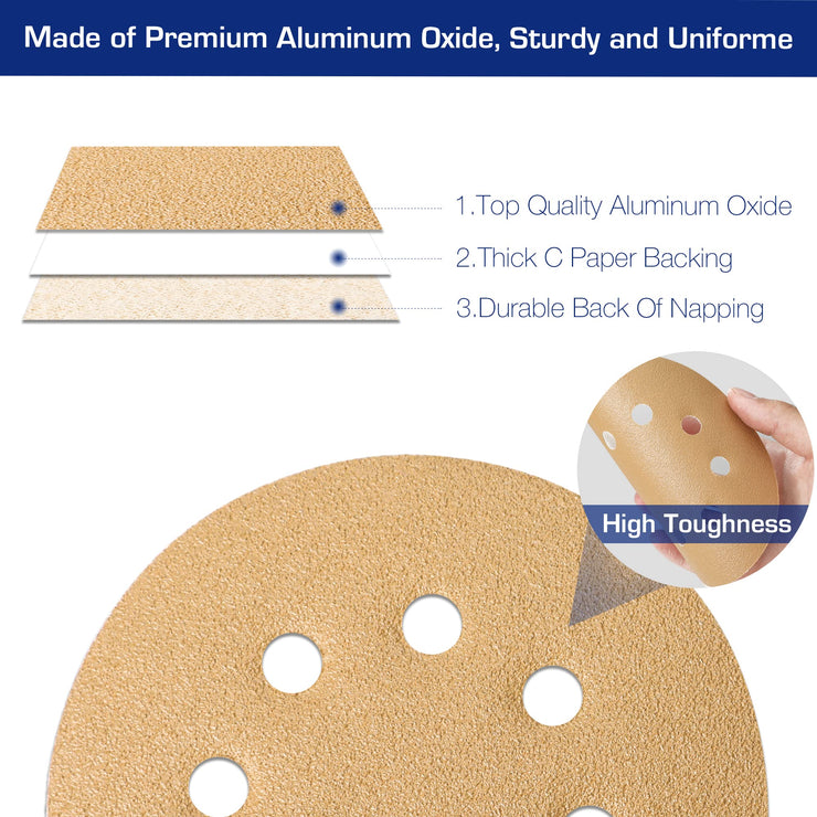 WORKPRO 50Pcs Sanding Discs 125mm, 80 120 240 Mixed Grits Hook and Loop Sandpaper, 3 Times Stronger Orbital Sander Discs with 8 Holes, Ideal for Grinding, Polishing and Rust Removal