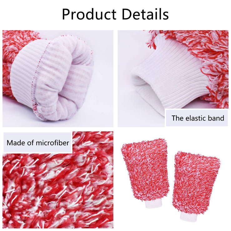 MOKANI Microfiber Car Wash Mitt Cleaning Gloves Equipment Sponges, 2 Sets Professional Scratch Free Polishing Cleaning Mitts,Red