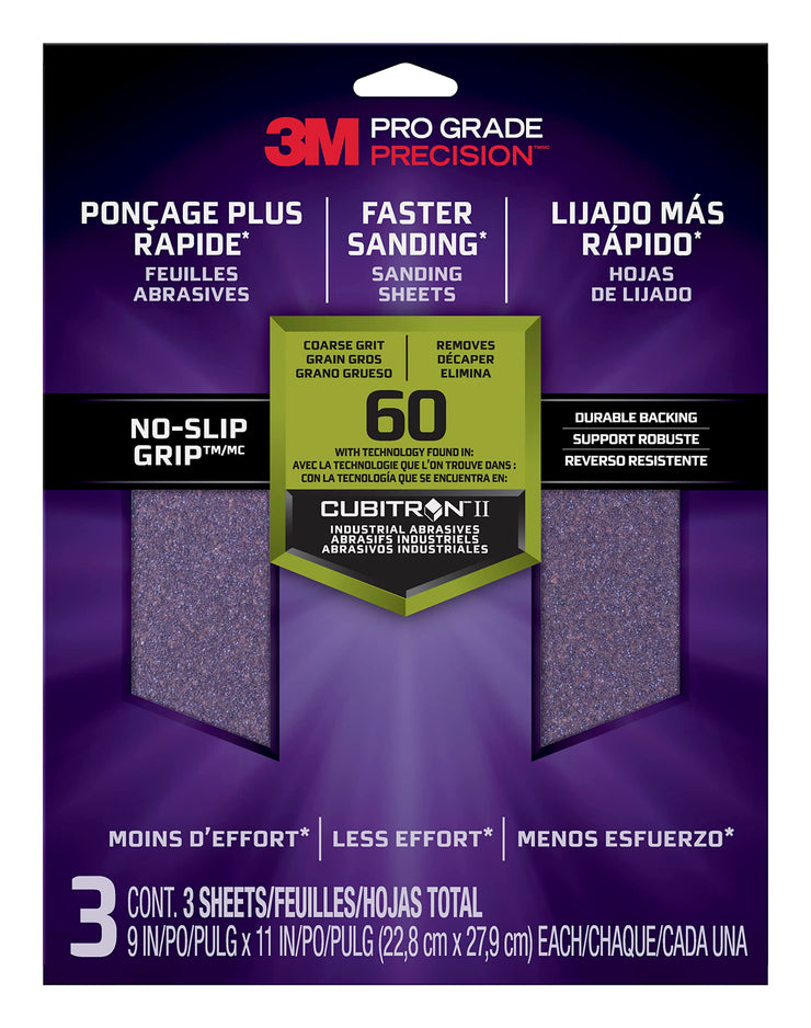 3M Pro Grade Precision Faster Sanding Sanding Sheets 60 grit Coarse, 26060TRI-3, 22.8 cm x 27.9 cm, 3/Pack