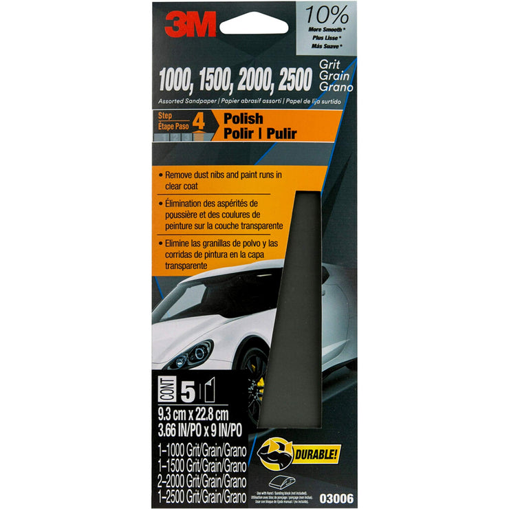 3M Auto Wet Or Dry Sandpaper 3 2/3 in x 9 in, 1000, 1500, 2000, 2500 Assorted Grit Pack, 5 Sheets