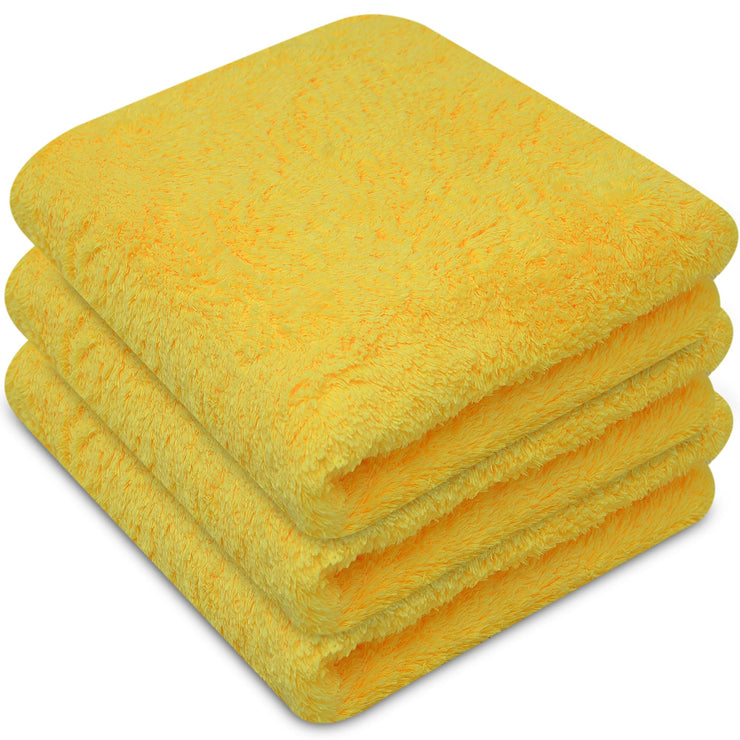 Towelogy® 3-Pack Super Absorbent Microfibre Car Cleaning Cloths Large - No Rough Edges - Perfect For Professional Detailing & Polishing (Yellow)