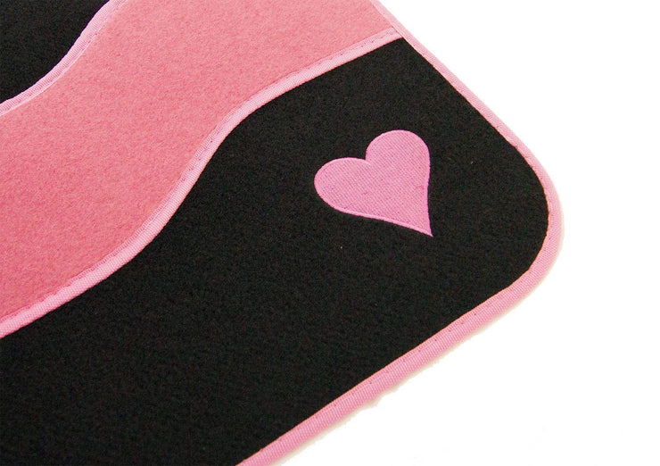 Set of 4 Anti Slip Black Pink Heart Velour Car Mat Set - Front and Rears