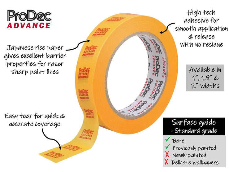 ProDec Advance ATMT001 24mm (1 inch) x 50m Precision Edge Multi Surface Painters Masking Tape for Razor Sharp Lines with No Paint Bleed 1",Yellow