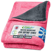 Towelogy X03 XL Microfibre Car Drying Cloth 1200 GSM Double Twist Pile Borderless - Premium Extra Large 40x60cm | Super Absorbent Auto Detailing Towel (Fuchsia/Grey)