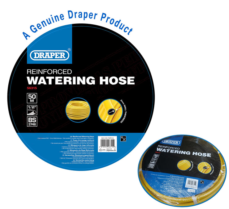 Draper 56315 Reinforced Watering Hose, 12mm Bore, 50m, Yellow