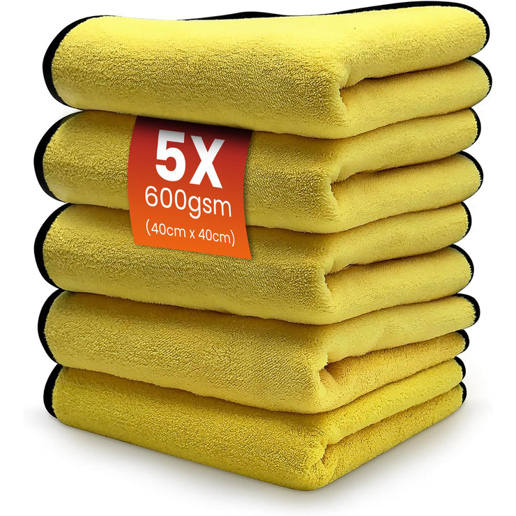 SNOMOZ® 5 x Extra Absorbent Microfibre Cloth Drying Cloth for Car and Motorcycle, 40 x 40 cm, Value Pack, 600 gsm Suction Power and Ultra Soft