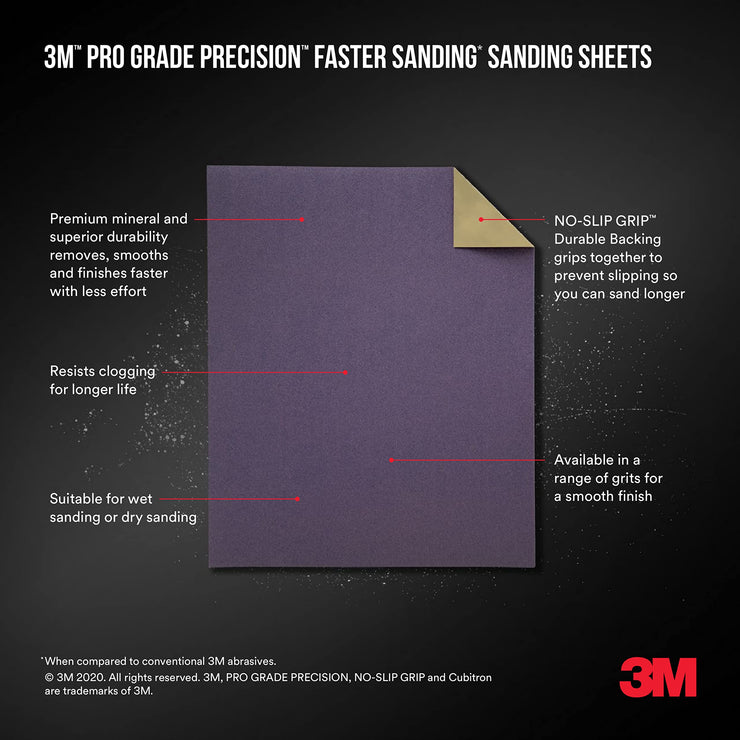 3M Pro Grade Precision Faster Sanding Sanding Sheets 320 grit Extra Fine, 127320TRI-6, 9,31 cm x 22,8 cm, 6/Pack, Grey, Large