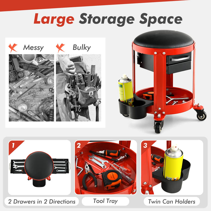 COSTWAY Rolling Workshop Creeper Seat, Mechanic Roller Stool with Removable Padded Seat, 2 Drawers Twin Can Holders and Tool Tray, Repair Shop Garage Roller Toolbox Work Seat, 150KG Capacity