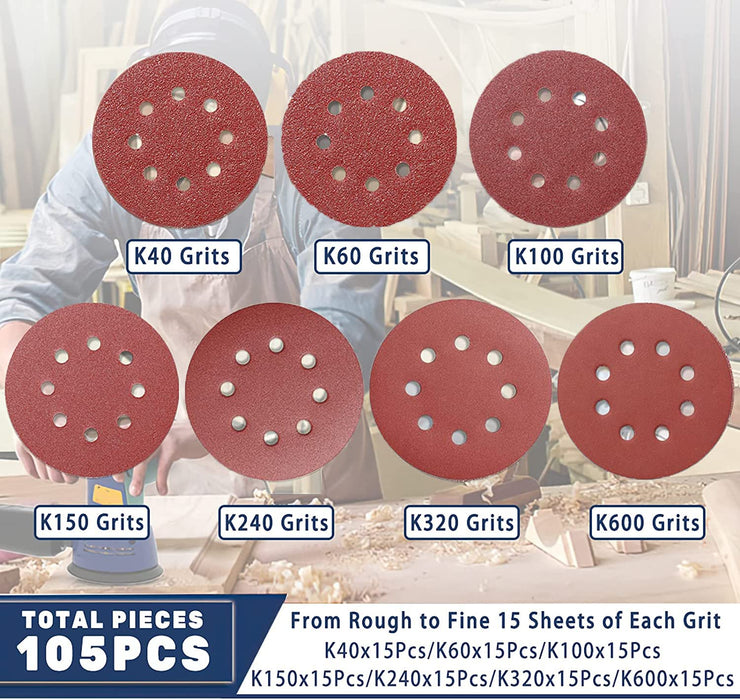 STEBRUAM 105PCS 125mm Sanding Discs, 5 Inch 8 Hole Hook and Loop Sanding Pads for Random Orbital Sander(40/60/100/150/240/320/600 Mixed Grits)